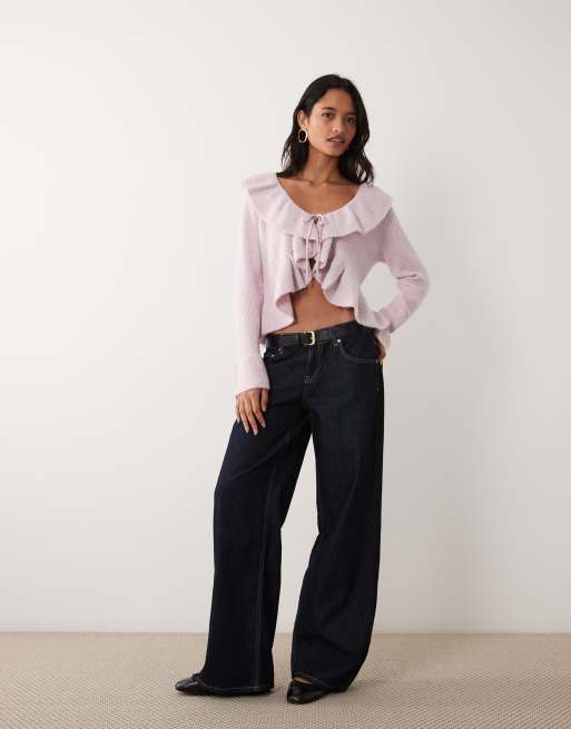 Miss Selfridge tie front cardigan with frills in pink sparkle, 2 of 4