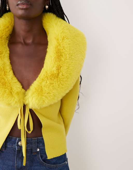 Miss Selfridge tie front cardigan with fur collar and cuff in chartreuse , 2 of 4