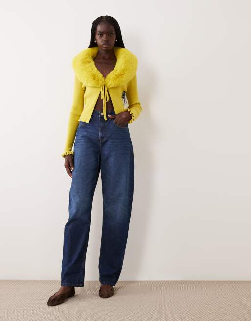 Miss Selfridge tie front cardigan with fur collar and cuff in chartreuse , 3 of 4