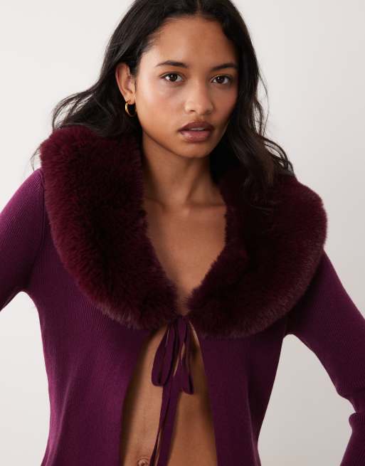 Miss Selfridge tie front cardigan with fur collar and cuff in fig, 2 of 4