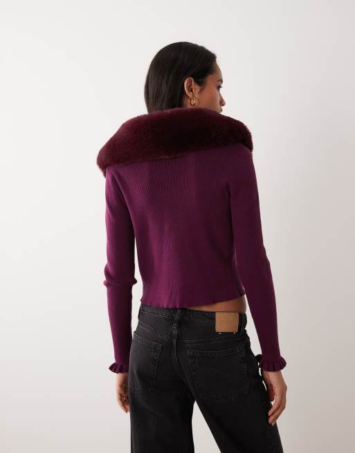 Miss Selfridge tie front cardigan with fur collar and cuff in fig, 3 of 4
