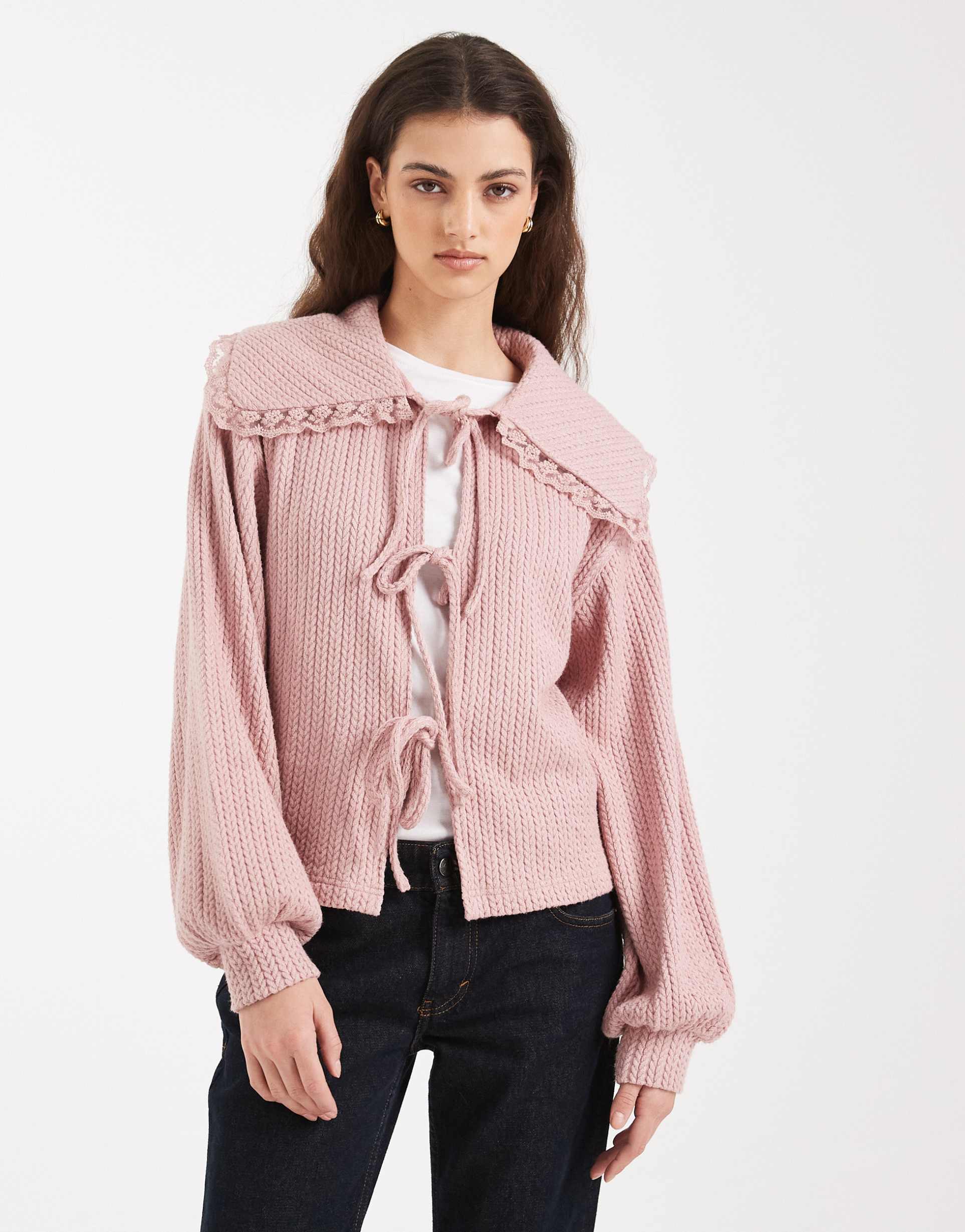 miss selfridge tie front cardigan with lace trim collar in pink