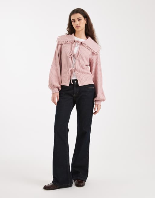Miss Selfridge tie front cardigan with lace trim collar in pink, 2 of 4