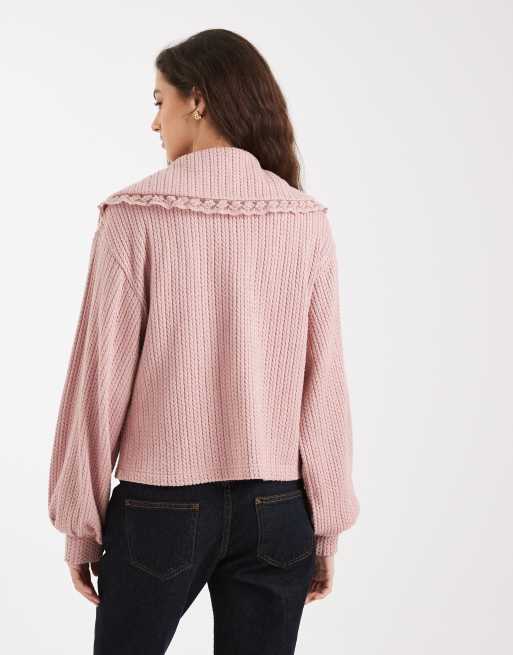 Miss Selfridge tie front cardigan with lace trim collar in pink, 3 of 4