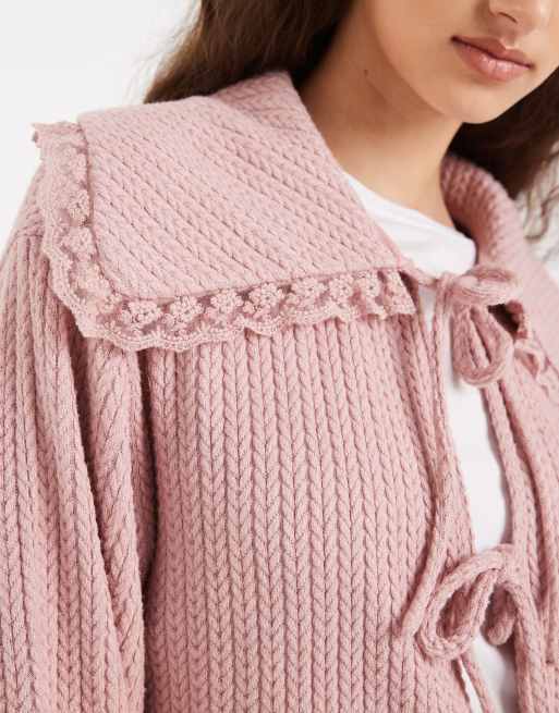 Miss Selfridge tie front cardigan with lace trim collar in pink, 4 of 4