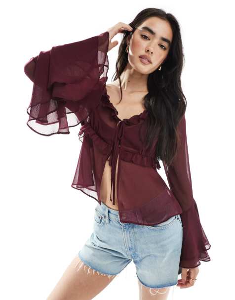 Miss Selfridge tie front chiffon ruffle blouse in grape - view 1