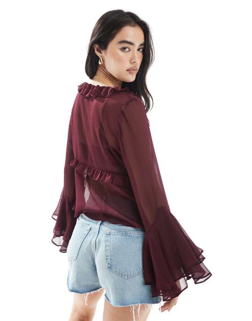 Miss Selfridge tie front chiffon ruffle blouse in grape, 4 of 4