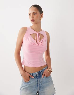 Miss Selfridge Tie Front Cowl Neck Tank In Pink