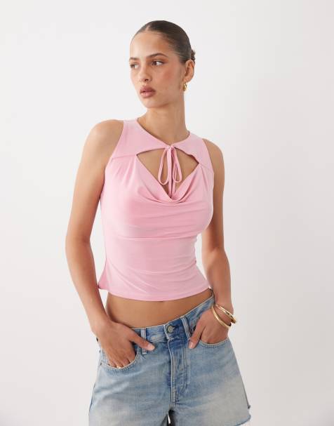 Miss Selfridge tie front cowl neck tank in pink - view 1