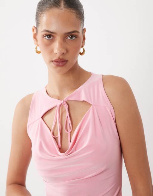 Miss Selfridge tie front cowl neck tank in pink, 3 of 4