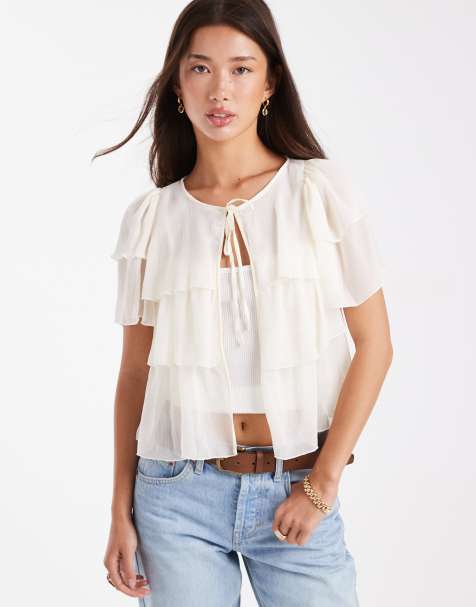 Miss Selfridge tie front crinkle chiffon blouse in ecru - view 1