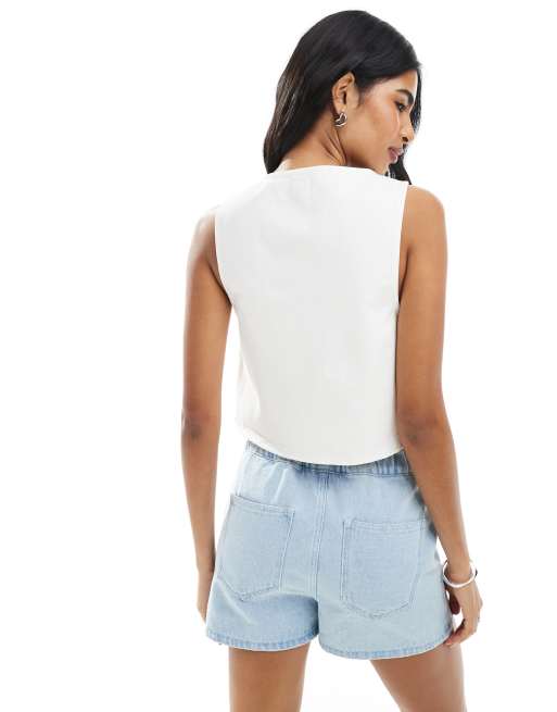 Miss Selfridge tie front denim vest in ecru, 4 of 4