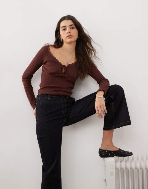 Miss Selfridge tie front detail long sleeve top in chocolate - view 1