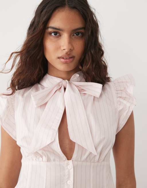 Miss Selfridge tie front fitted shirt in stripe, 3 of 4