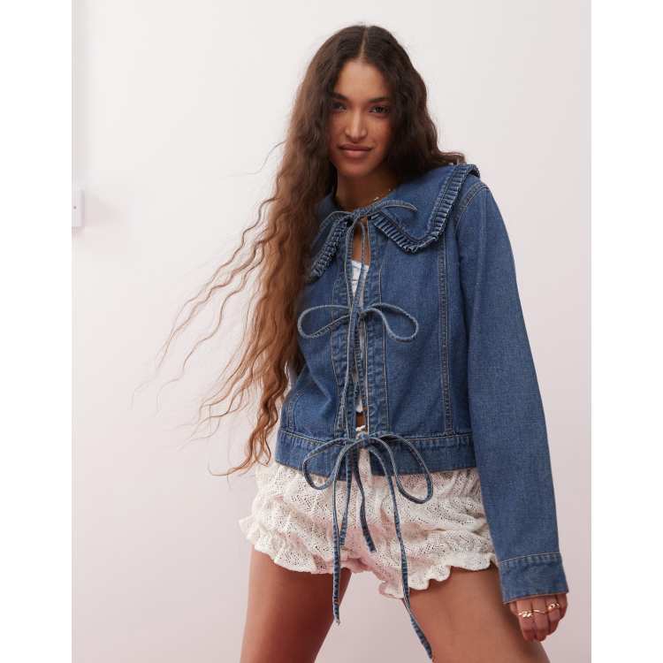 Miss Selfridge tie front frill denim collar jacket in mid blue