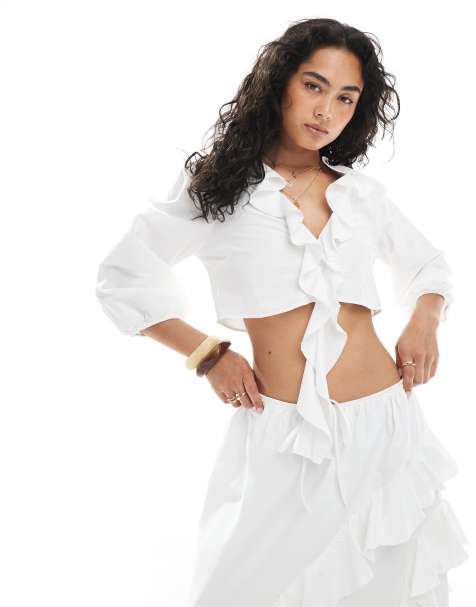 Miss Selfridge tie front frill top co-ord in white - view 1