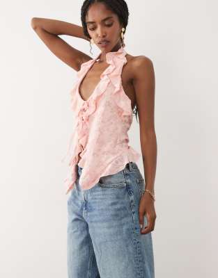 Miss Selfridge Tie Front Halterneck Top In Pink