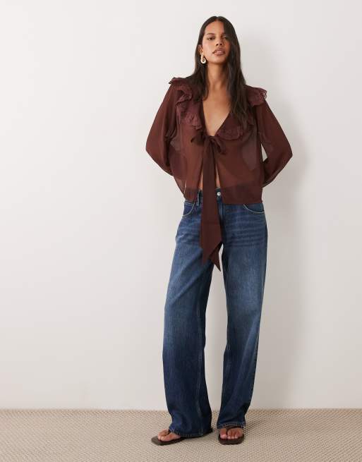 Miss Selfridge tie front lace collar blouse in chocolate, 2 of 4