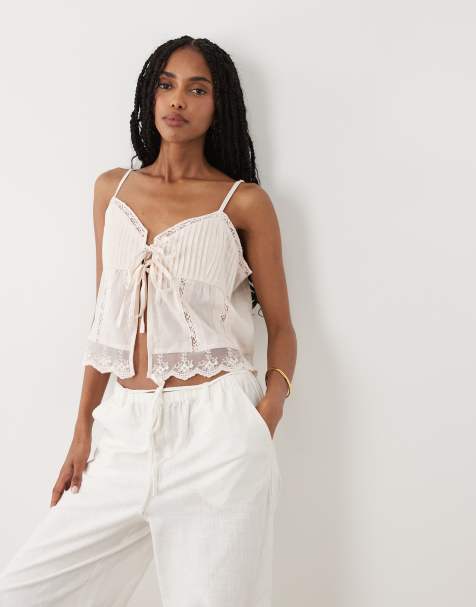 Miss Selfridge tie front lace trim cami top in blush