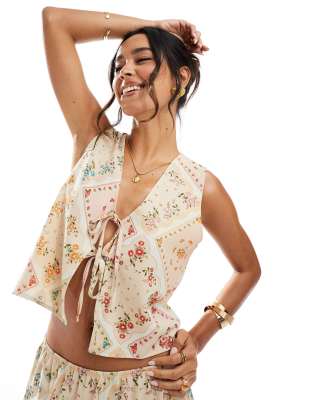 Miss Selfridge Tie Front Vest In Scarf Print-multi
