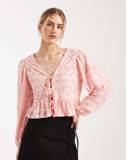 Miss Selfridge tie front long sleeve top in burnout in pink - view 1