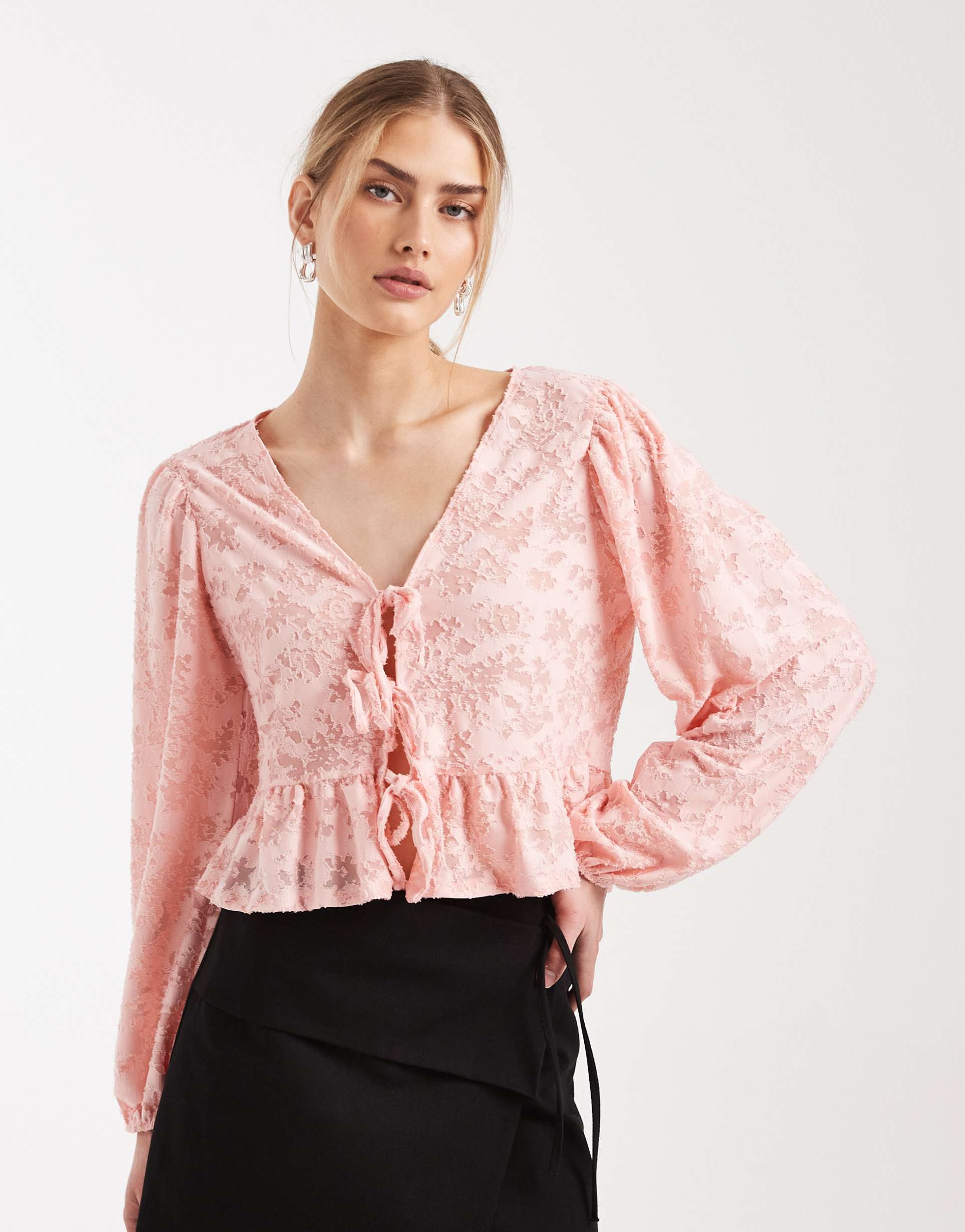 miss selfridge tie front long sleeve top in burnout in pink