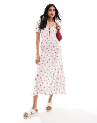 Miss Selfridge Tie Front Maxi Dress With Puff Sleeves In Delicate Floral Print-multi
