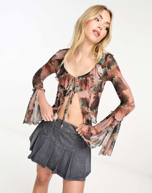Miss Selfridge tie front mesh blouse with ruffle detail in blurred abstract print