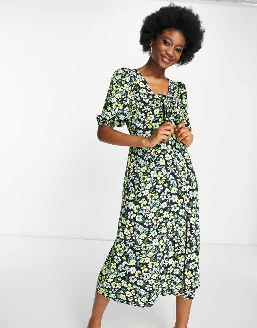 Miss Selfridge tie front midi dress in green floral | ASOS