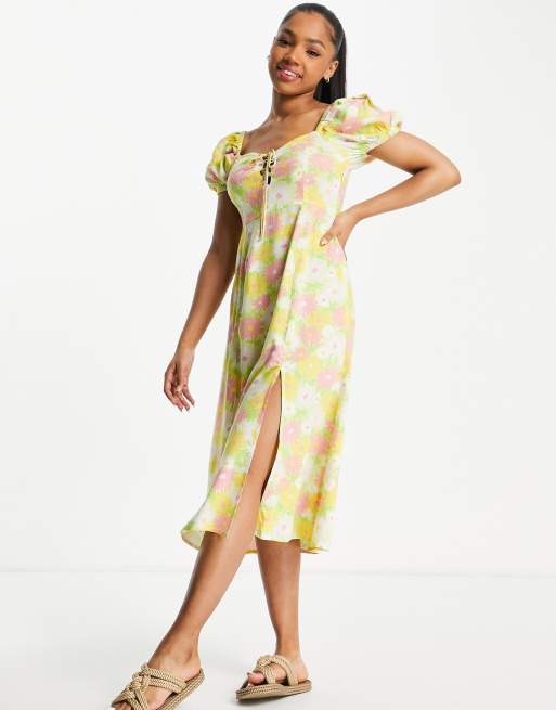 Miss Selfridge tie front midi dress in multi sunflower