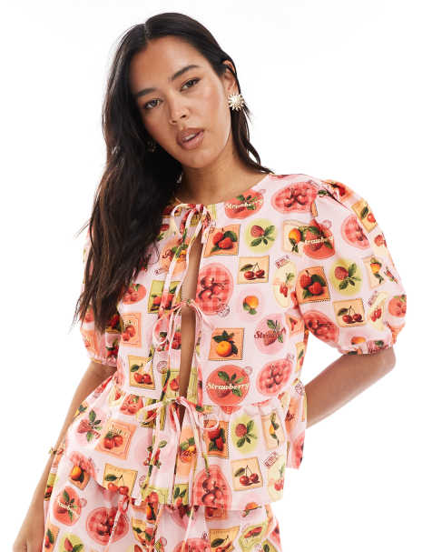 Miss Selfridge tie front peplum blouse co-ord in fruit print - view 1