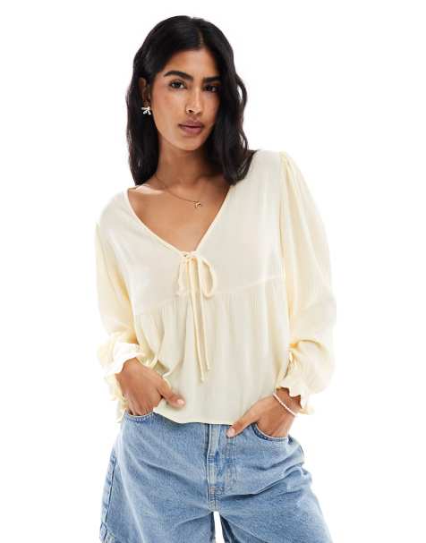 Miss Selfridge tie front peplum blouse in buttermilk - view 1