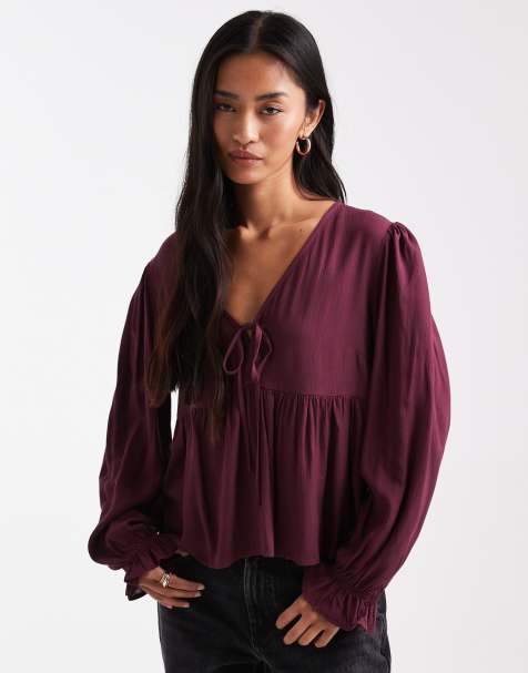 Miss Selfridge tie front peplum blouse in fig - view 1