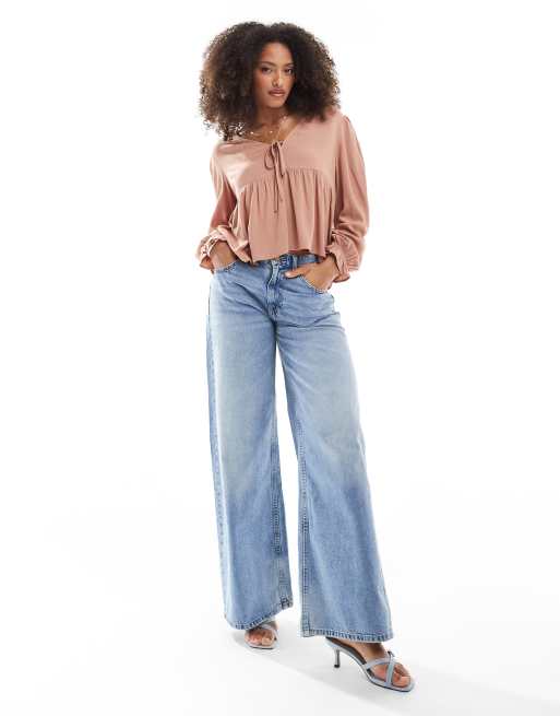 Miss Selfridge tie front peplum blouse in mocha