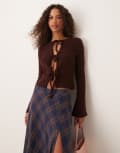 [Miss Selfridge] Miss Selfridge tie front rib cardigan in chocolate-Brown M Chocolate