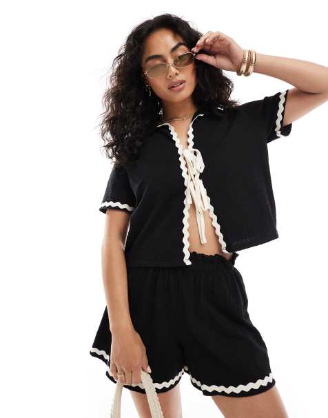 Miss Selfridge tie front rick rac top in black - view 1