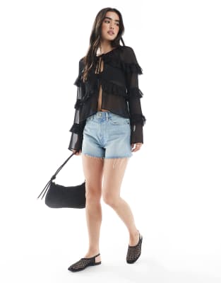 Miss Selfridge Tie Front Ruffle Blouse In Black