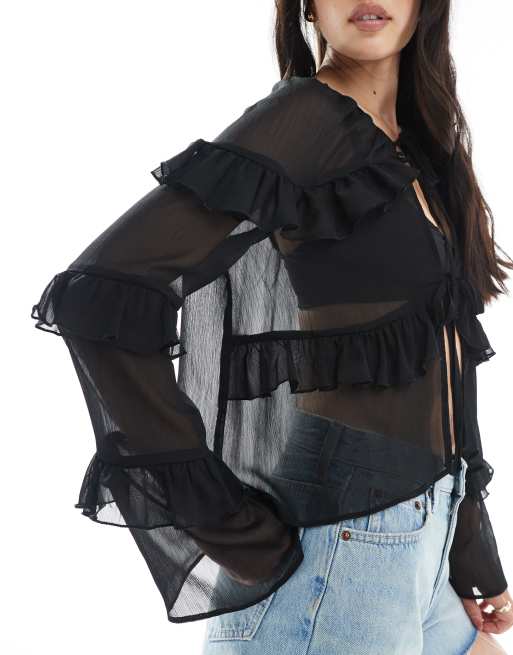 Miss Selfridge tie front ruffle blouse in black