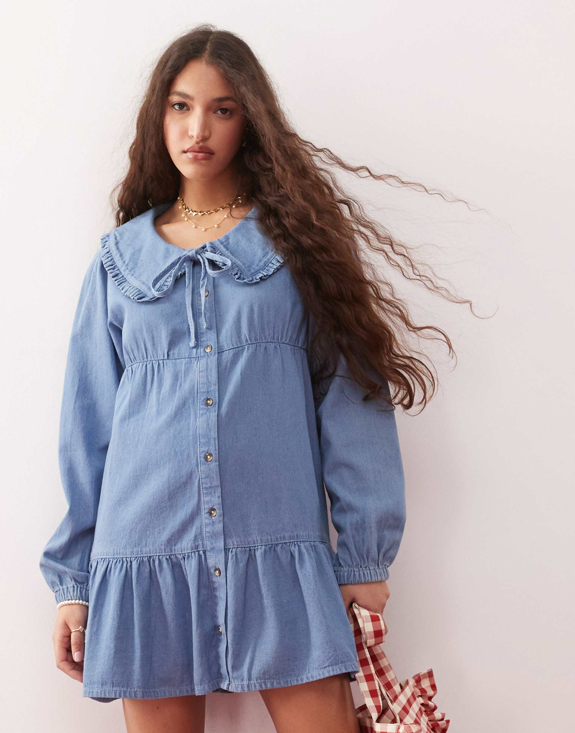 miss selfridge tie front ruffle midi dress in blue wash