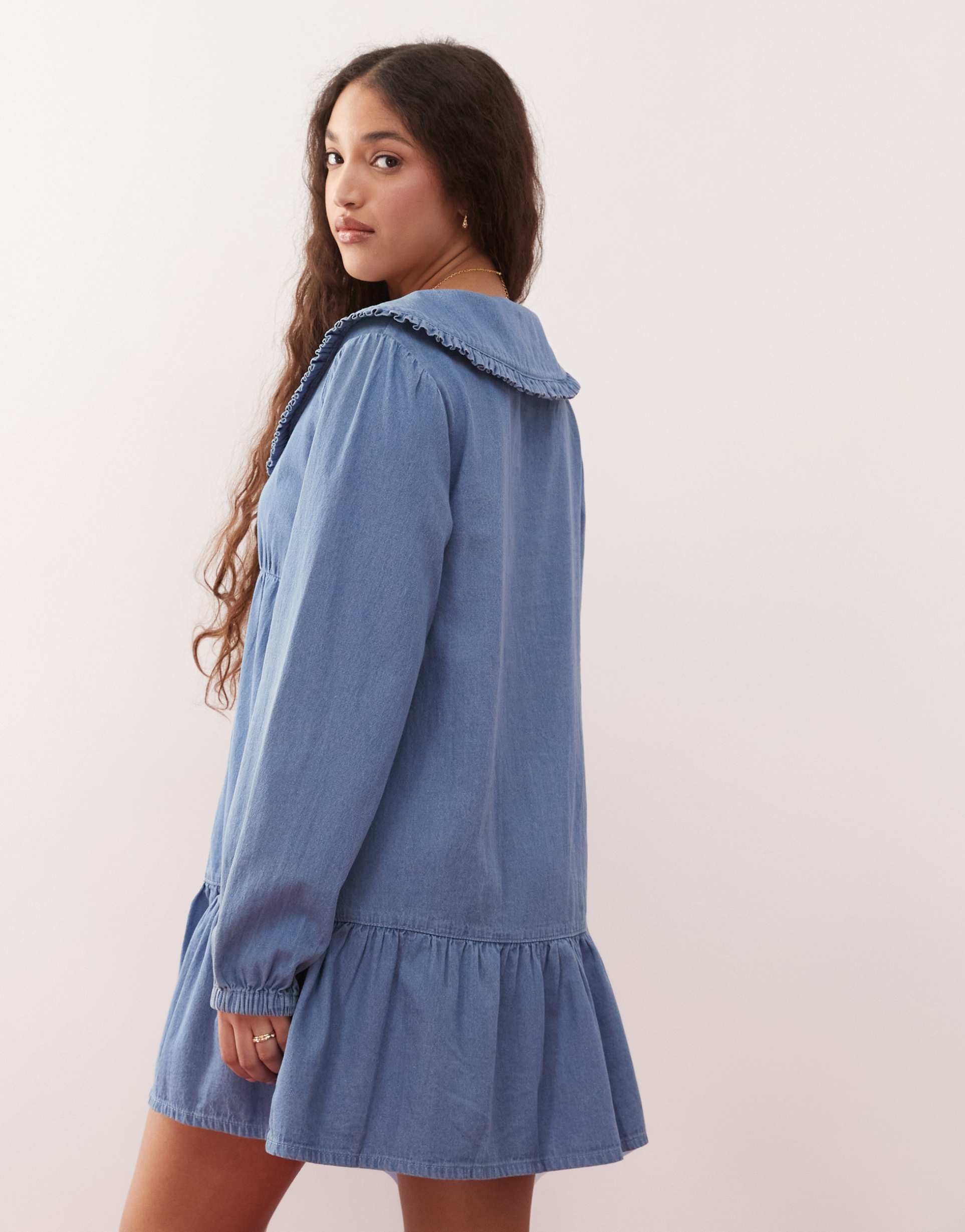 miss selfridge tie front ruffle midi dress in blue wash