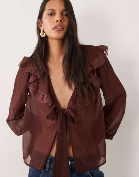 Miss Selfridge tie front lace collar blouse in chocolate