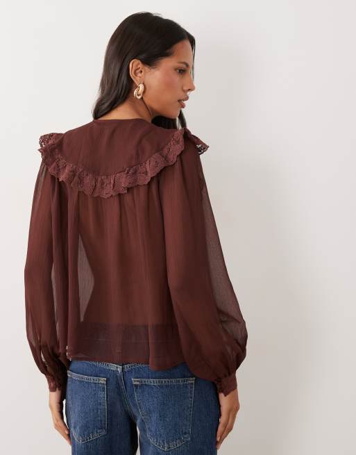 Miss Selfridge tie front sailor collar blouse in chocolate, 3 of 4