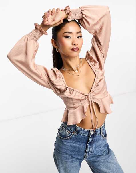 ASOS LUXE Curve organza long sleeve top with bow detail and cami in pink