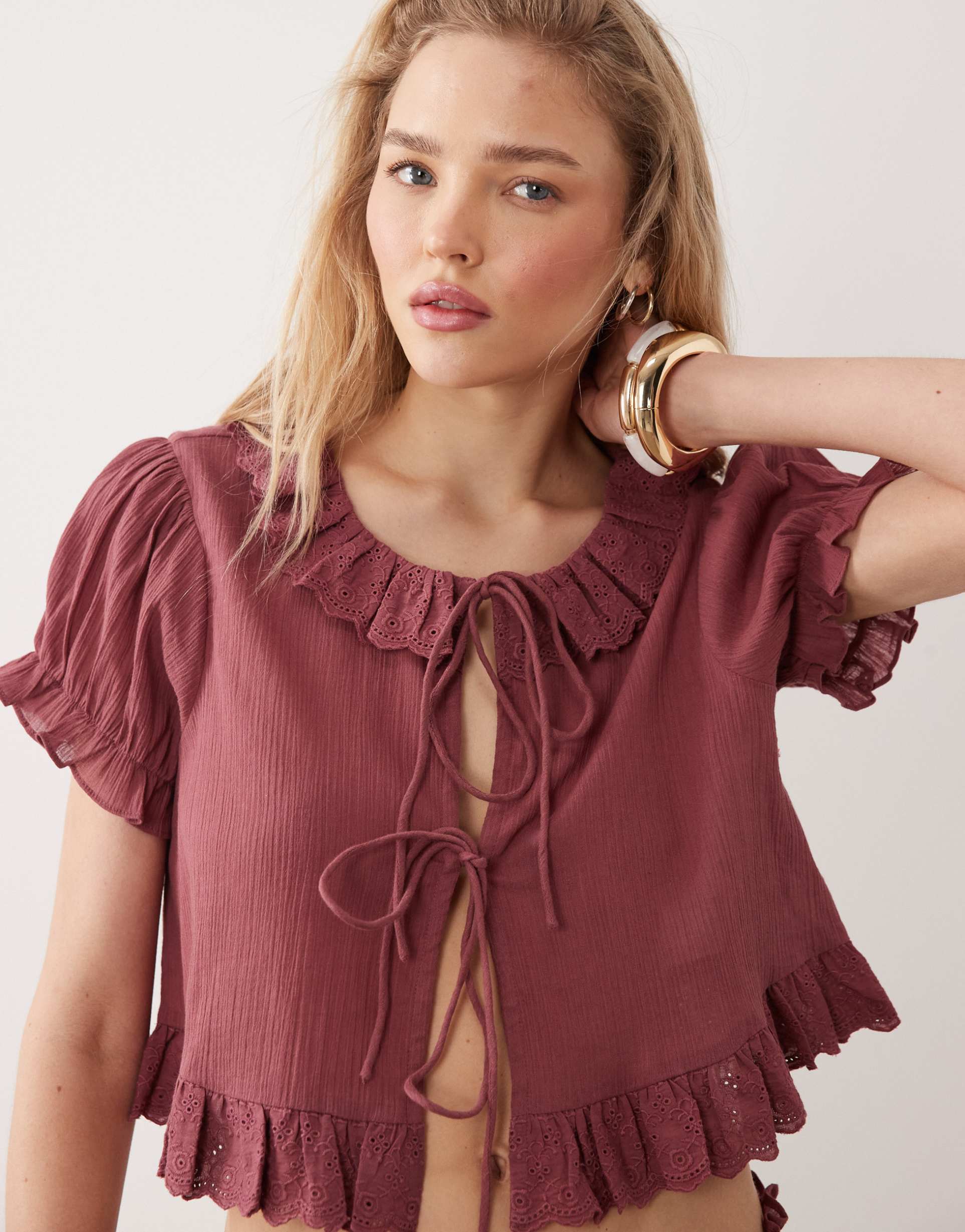miss selfridge tie front short sleeve frill beach cover up in burgundy - part of a set