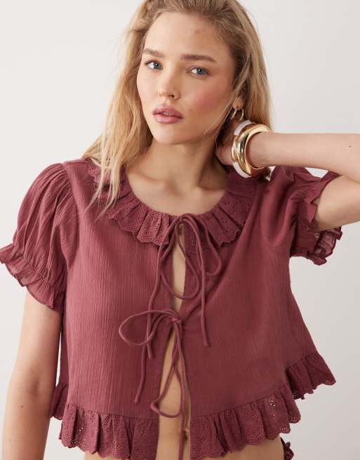 Miss Selfridge tie front short sleeve frill beach cover up set in burgundy, 2 of 3