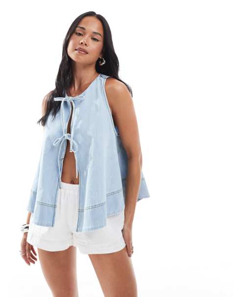 Miss Selfridge tie front swing waistcoat in bleach wash - view 1