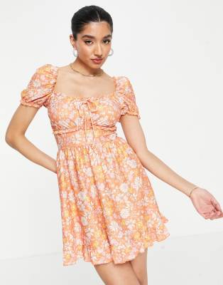 Miss Selfridge Tie Front Tea Dress In Orange Retro Floral