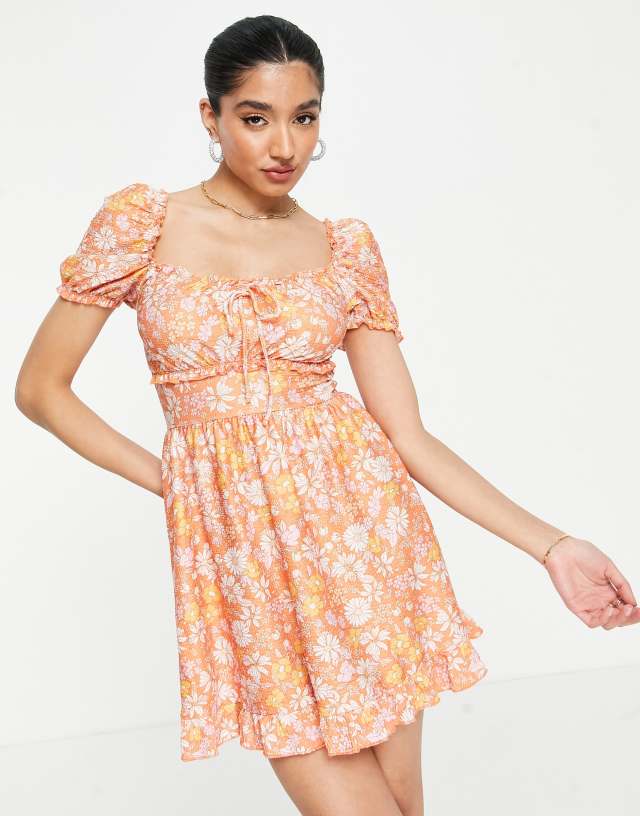 Miss Selfridge tie front tea dress in orange retro floral