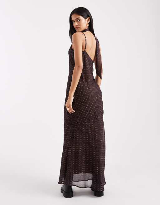 Miss Selfridge tie neck cowl maxi dress in polka dot, 2 of 4