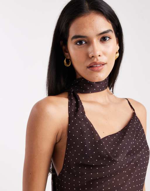 Miss Selfridge tie neck cowl maxi dress in polka dot, 4 of 4